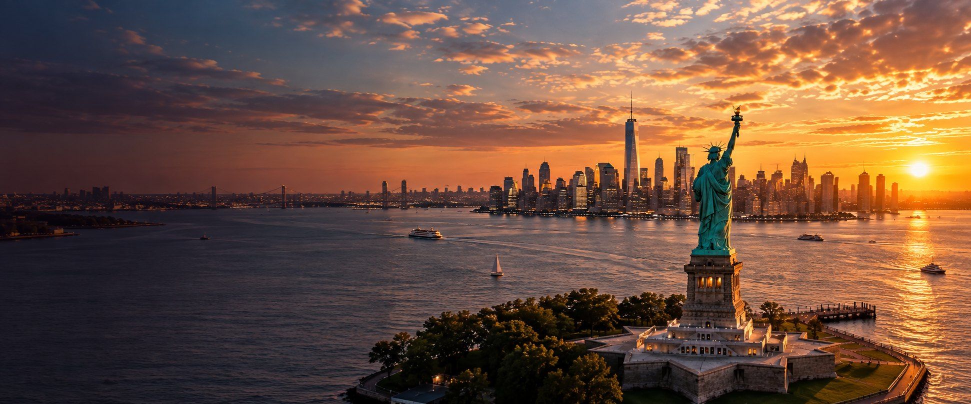 Estátua da Liberdade e o skyline de Nova York ao pôr do sol